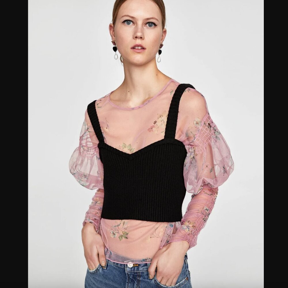Zara Blouse Tulle Sheer Floral Pink Puff Sleeves Long Sleeve Casual Crewneck